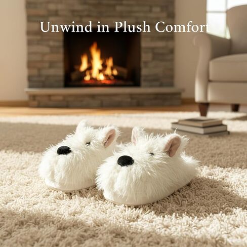 شباشب الكلاب من Fuzzy Westie Puppy للنساء، نعل سميك صديق للبشرة، فرو منفوش، موضة كاجوال للكلية، عصرية للاستخدام الداخلي والخارجي، مريحة ولطيفة Kawaii Y2k مريحة in Kuwait