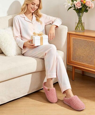 Evshine Memory Foam Fuzzy Slippers for Women Curly Fleece House Shoes Warm Indoor Outdoor Home Slip on, Pink 39 in Saudi Arabia