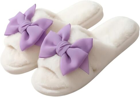 Fuzzy Bow Tie Slippers for Women Soft Plush Open-Toe Fashion Casual Preppy Style Indoor Outdoor Spring Fall Winter Comfortable Cozy Cute Kawaii Y2k Chic in Saudi Arabia