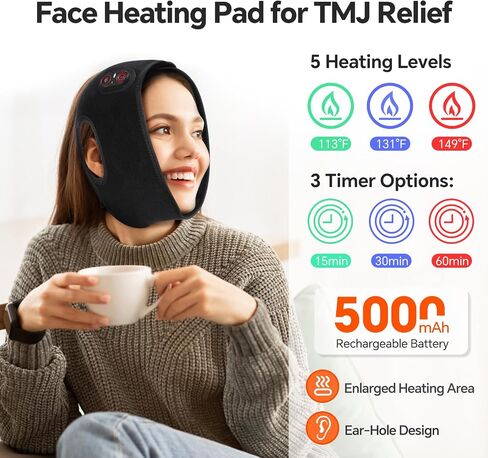 Cordless TMJ Heating Pad for Jaw Pain Relief, Wireless Face Heating Pad with Ear Holes for TMJ, Hands-Free Electric Heat Pack for Lockjaw, Cheek Pain, 3 Heat Modes & 3 Timer Options, Black in Saudi Arabia