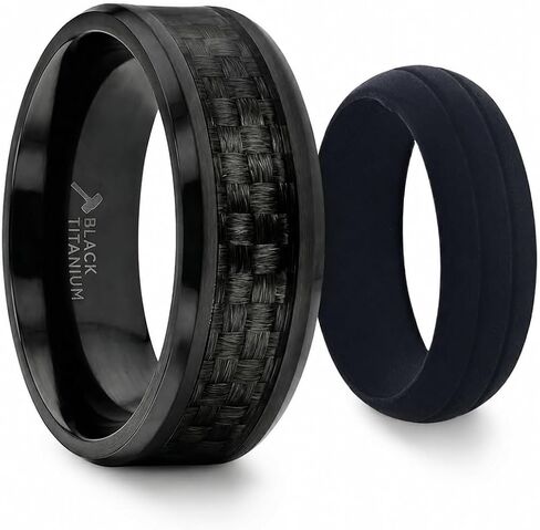 OXYN Black Titanium Polished Beveled Edges Black Carbon Fiber Inlaid Men’s Wedding Band with FREE Silicone Ring - 6mm & 8mm in Kuwait