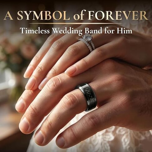 OXYN Black Titanium Polished Beveled Edges Black Carbon Fiber Inlaid Men’s Wedding Band with FREE Silicone Ring - 6mm & 8mm in Kuwait