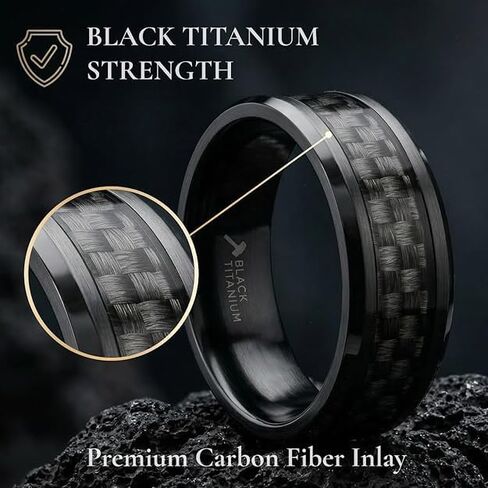 OXYN Black Titanium Polished Beveled Edges Black Carbon Fiber Inlaid Men’s Wedding Band with FREE Silicone Ring - 6mm & 8mm in Kuwait