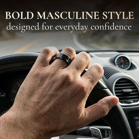 OXYN Black Titanium Polished Beveled Edges Black Carbon Fiber Inlaid Men’s Wedding Band with FREE Silicone Ring - 6mm & 8mm in Kuwait