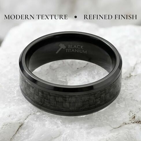 OXYN Black Titanium Polished Beveled Edges Black Carbon Fiber Inlaid Men’s Wedding Band with FREE Silicone Ring - 6mm & 8mm in Kuwait