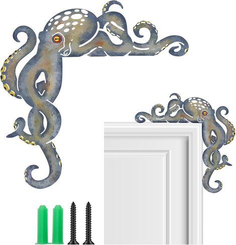 Cinnvoice Octopus Door Frame Decor Metal Door Frame Decoration 10 x 10 Inch Octopus Wall Art Decor Nautical Coastal Beach Ocean Corner Sign for Window Office Bathroom Bedroom(Blue,Minimalist) in Kuwait