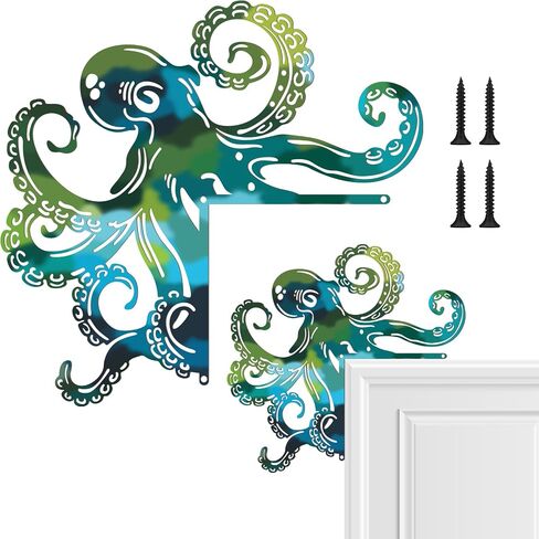Cinnvoice Octopus Door Frame Decor Metal Door Frame Decoration 10 x 10 Inch Octopus Wall Art Decor Nautical Coastal Beach Ocean Corner Sign for Window Office Bathroom Bedroom(Blue,Minimalist) in Kuwait
