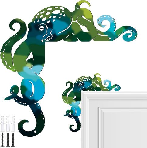 Cinnvoice Octopus Door Frame Decor Metal Door Frame Decoration 10 x 10 Inch Octopus Wall Art Decor Nautical Coastal Beach Ocean Corner Sign for Window Office Bathroom Bedroom(Blue,Minimalist) in Kuwait