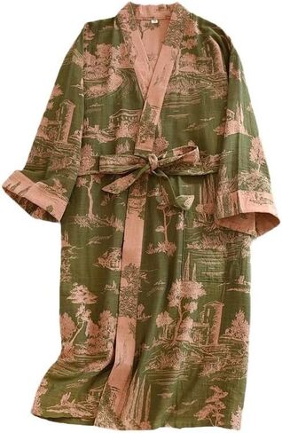 PRINCESS BRIDE Cotton Gauze Partial Lapel Traditional Pajamas Soft Nightgown Breathable Kimono Absorbent Bathrobe Spa Yukata, L, Green-pink in Saudi Arabia