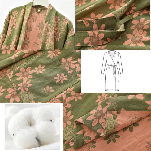 PRINCESS BRIDE Cotton Gauze Partial Lapel Traditional Pajamas Soft Nightgown Breathable Kimono Absorbent Bathrobe Spa Yukata, L, Green-pink in Saudi Arabia
