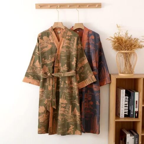 PRINCESS BRIDE Cotton Gauze Partial Lapel Traditional Pajamas Soft Nightgown Breathable Kimono Absorbent Bathrobe Spa Yukata, L, Green-pink in Saudi Arabia