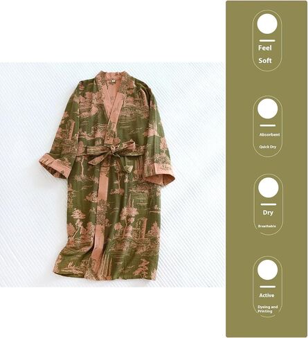 PRINCESS BRIDE Cotton Gauze Partial Lapel Traditional Pajamas Soft Nightgown Breathable Kimono Absorbent Bathrobe Spa Yukata, L, Green-pink in Saudi Arabia