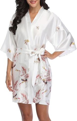 VOGMATE Women Kimono Robe Satin Floral Bride Bridesmaids Dressing Gown for Wedding Soft Loungewear Crane Pattern in Saudi Arabia