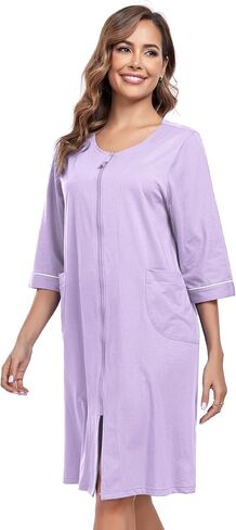 100% cotton Robe for Women Summer Lightweight Bathrobe Zip Front Knee Length Loungewear with Pockets in Saudi Arabia
