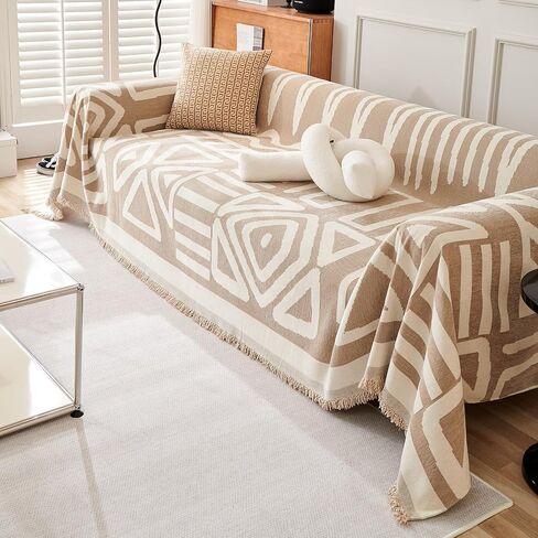VClife Boho Couch Cover, Washable Sofa Cover for Dog, Non Slip Couch Covers for 3-4 Cushion Couch, Modern Khaki Creamy White Geometric Sofa Slipcovers Multi-functional Furniture Protector 71'' x 150'' in Saudi Arabia