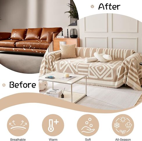 VClife Boho Couch Cover, Washable Sofa Cover for Dog, Non Slip Couch Covers for 3-4 Cushion Couch, Modern Khaki Creamy White Geometric Sofa Slipcovers Multi-functional Furniture Protector 71'' x 150'' in Saudi Arabia