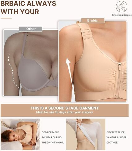 BRABIC Zip Front Closure Mastectomy Bras for Women Post Surgery Compression Everyday Surgical Wireless Wide Adjustable Straps(Nude, X-Large) in Saudi Arabia