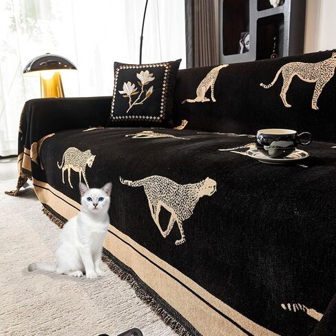 Chenille Sofa Cover with Tassels, Non-Slip Couch Cover for Seat Sofas, Washable Furniture Protector for Pets & Kids, Modern Leopard Pattern Chenille Blanket (Black, 71"x165") in Saudi Arabia