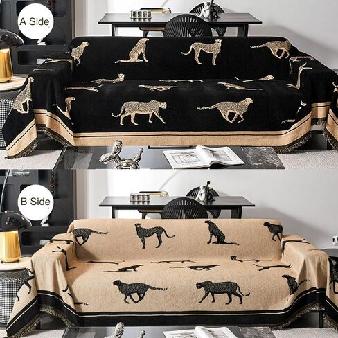 Chenille Sofa Cover with Tassels, Non-Slip Couch Cover for Seat Sofas, Washable Furniture Protector for Pets & Kids, Modern Leopard Pattern Chenille Blanket (Black, 71"x165") in Saudi Arabia