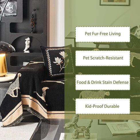 Chenille Sofa Cover with Tassels, Non-Slip Couch Cover for Seat Sofas, Washable Furniture Protector for Pets & Kids, Modern Leopard Pattern Chenille Blanket (Black, 71"x165") in Saudi Arabia
