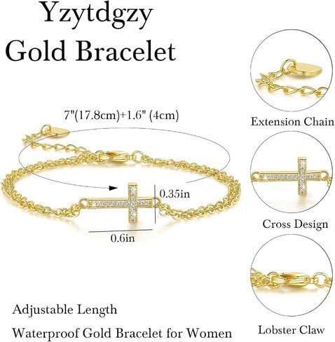 Gold Bracelets For Women 14K Gold Bracelet For Women Layered Bracelet For Womens Elegant And Shiny with Cubic Zirconia Cross Bracelets For Womens Adjustable Size 7in-8.6in in Saudi Arabia