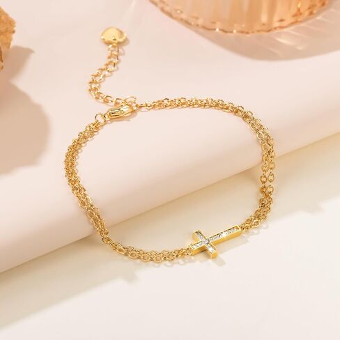 Gold Bracelets For Women 14K Gold Bracelet For Women Layered Bracelet For Womens Elegant And Shiny with Cubic Zirconia Cross Bracelets For Womens Adjustable Size 7in-8.6in in Saudi Arabia