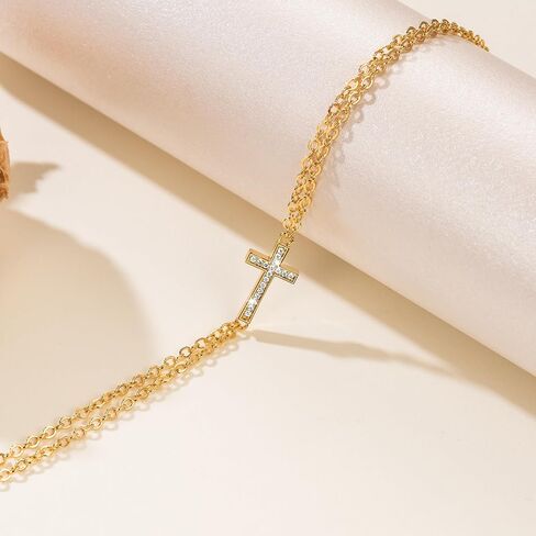 Gold Bracelets For Women 14K Gold Bracelet For Women Layered Bracelet For Womens Elegant And Shiny with Cubic Zirconia Cross Bracelets For Womens Adjustable Size 7in-8.6in in Saudi Arabia