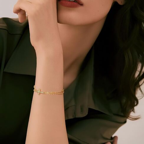 Gold Bracelets For Women 14K Gold Bracelet For Women Layered Bracelet For Womens Elegant And Shiny with Cubic Zirconia Cross Bracelets For Womens Adjustable Size 7in-8.6in in Saudi Arabia
