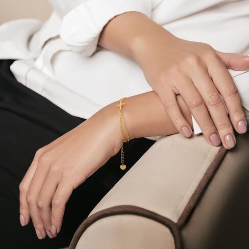 Gold Bracelets For Women 14K Gold Bracelet For Women Layered Bracelet For Womens Elegant And Shiny with Cubic Zirconia Cross Bracelets For Womens Adjustable Size 7in-8.6in in Saudi Arabia