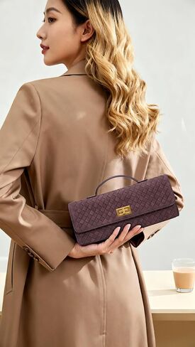 Women's Handmade Woven Evening Bag Leather Clutch Handbag Fashion Crossbody Purse Chocolate-Suede in Saudi Arabia