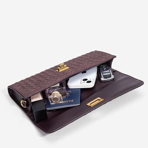 Women's Handmade Woven Evening Bag Leather Clutch Handbag Fashion Crossbody Purse Chocolate-Suede in Saudi Arabia