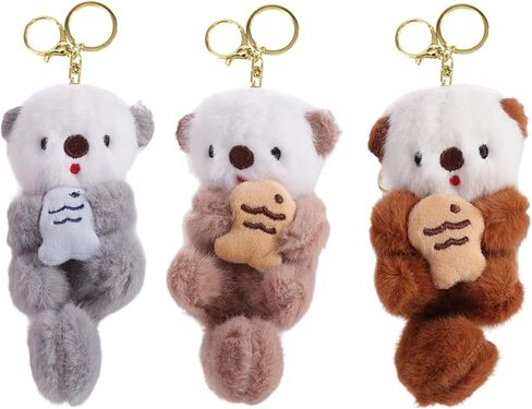 Otter Keychain Plush Keychain, Three Cute Otter Keychains For Key Organization And Bag Decoration, Soft PP Cotton Stuffed Animal Keychain In Light Blue Brown Khaki in Saudi Arabia