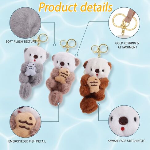 Otter Keychain Plush Keychain, Three Cute Otter Keychains For Key Organization And Bag Decoration, Soft PP Cotton Stuffed Animal Keychain In Light Blue Brown Khaki in Saudi Arabia