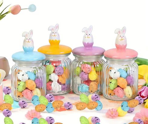Easter Bunny Glass Jar Decorations- Glass Jars with Ceramic Bunny Ear Lid and Airtight -4 PcsEaster Glass Storage for Chocolate Candy Sweets Gift Mini Eggs Table Decoration（include Eggs） in Saudi Arabia
