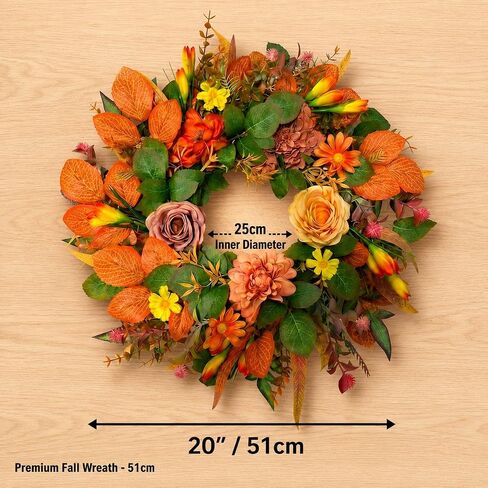 Fall Wreaths for Front Door, 20 Inch Orange Autumn Wreath | Fall wreaths for front door feature orange leaves, peony accents, and greenery for harvest home decor. in Saudi Arabia