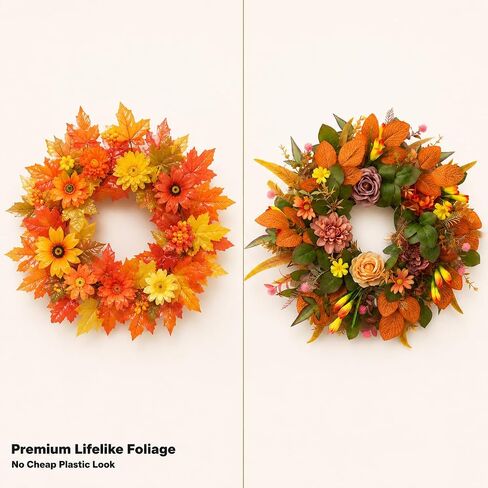 Fall Wreaths for Front Door, 20 Inch Orange Autumn Wreath | Fall wreaths for front door feature orange leaves, peony accents, and greenery for harvest home decor. in Saudi Arabia
