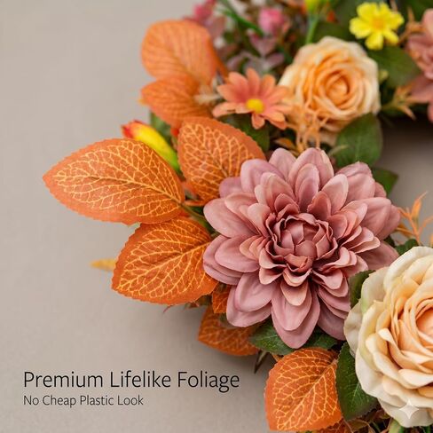 Fall Wreaths for Front Door, 20 Inch Orange Autumn Wreath | Fall wreaths for front door feature orange leaves, peony accents, and greenery for harvest home decor. in Saudi Arabia
