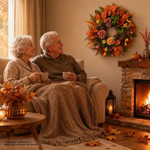 Fall Wreaths for Front Door, 20 Inch Orange Autumn Wreath | Fall wreaths for front door feature orange leaves, peony accents, and greenery for harvest home decor. in Saudi Arabia