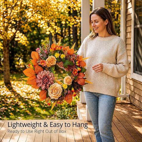 Fall Wreaths for Front Door, 20 Inch Orange Autumn Wreath | Fall wreaths for front door feature orange leaves, peony accents, and greenery for harvest home decor. in Saudi Arabia