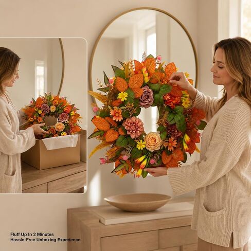 Fall Wreaths for Front Door, 20 Inch Orange Autumn Wreath | Fall wreaths for front door feature orange leaves, peony accents, and greenery for harvest home decor. in Saudi Arabia