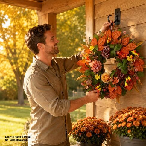 Fall Wreaths for Front Door, 20 Inch Orange Autumn Wreath | Fall wreaths for front door feature orange leaves, peony accents, and greenery for harvest home decor. in Saudi Arabia