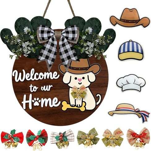 Interchangeable Welcome Sign for Front Door, Dog Sign Door Wreath All Seasons, Rustic Round Wood Wreaths Wall Hanging, Farmhouse, Porch Decor for Dogs Lovers, Housewarming Gift in Kuwait