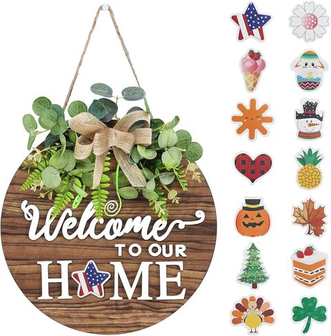 12 Inch Patriotic Wreaths for Front Door 4th of July Wreath Wooden Welcome Sign Wreath for Front Door Independence Memorial Day Decorations Round Outdoor Door Hanger for Porch Wall Window Home Decor in Saudi Arabia