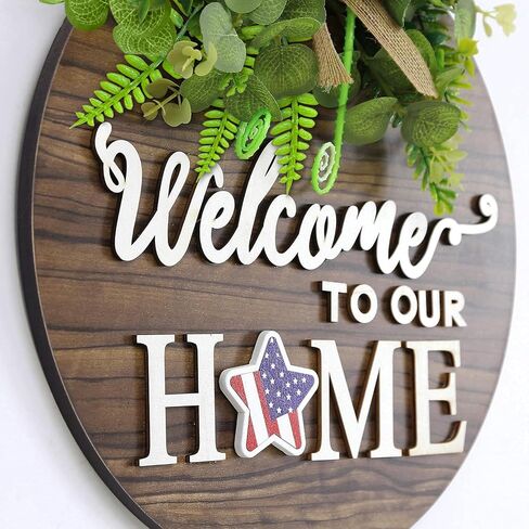 12 Inch Patriotic Wreaths for Front Door 4th of July Wreath Wooden Welcome Sign Wreath for Front Door Independence Memorial Day Decorations Round Outdoor Door Hanger for Porch Wall Window Home Decor in Saudi Arabia