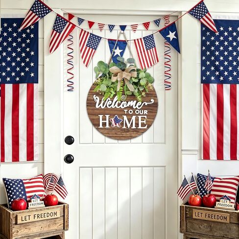12 Inch Patriotic Wreaths for Front Door 4th of July Wreath Wooden Welcome Sign Wreath for Front Door Independence Memorial Day Decorations Round Outdoor Door Hanger for Porch Wall Window Home Decor in Saudi Arabia