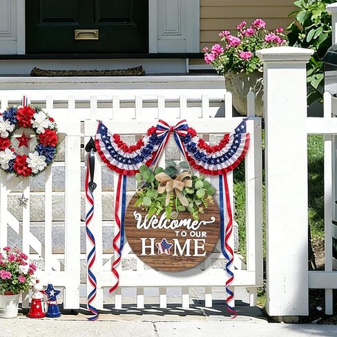 12 Inch Patriotic Wreaths for Front Door 4th of July Wreath Wooden Welcome Sign Wreath for Front Door Independence Memorial Day Decorations Round Outdoor Door Hanger for Porch Wall Window Home Decor in Saudi Arabia
