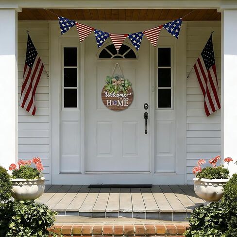 12 Inch Patriotic Wreaths for Front Door 4th of July Wreath Wooden Welcome Sign Wreath for Front Door Independence Memorial Day Decorations Round Outdoor Door Hanger for Porch Wall Window Home Decor in Saudi Arabia