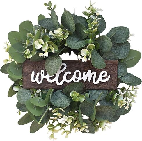 Green Eucalyptus Wreath with Welcome Sign, 11.8inch Artificial Spring Summer Wreaths for Front Door Wall Window Farmhouse Festival Porch Patio Garden Decor (Color:Green) in Saudi Arabia