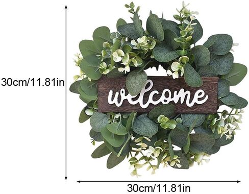 Green Eucalyptus Wreath with Welcome Sign, 11.8inch Artificial Spring Summer Wreaths for Front Door Wall Window Farmhouse Festival Porch Patio Garden Decor (Color:Green) in Saudi Arabia