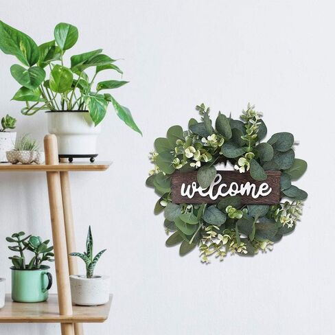 Green Eucalyptus Wreath with Welcome Sign, 11.8inch Artificial Spring Summer Wreaths for Front Door Wall Window Farmhouse Festival Porch Patio Garden Decor (Color:Green) in Saudi Arabia